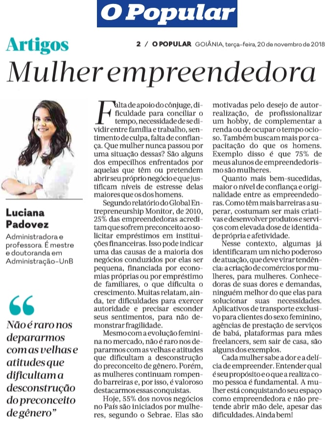 Jornal O Popular: empreendedorismo feminino